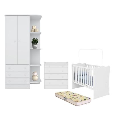 Dormitório Doce Sonho Guarda Roupa, Cômoda Trocador E Berço Branco Com Colchão Supreme - Qmovi Branco