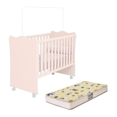 Berço Doce Sonho Rosa Acetinado Com Rodízios E Colchão Supreme - Qmovi Rosa Acetinado