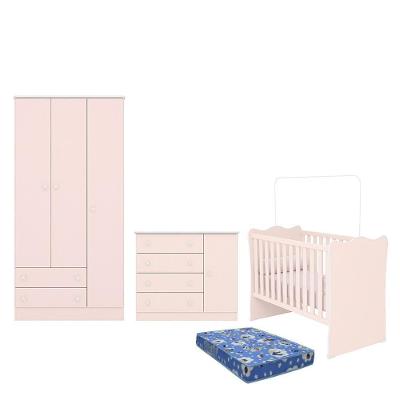 Dormitório Infantil Doce Sonho 3 Portas, Cômoda 1 Porta E Berço Rosa Acetinado Com Colchão - Qmovi Rosa Acetinado