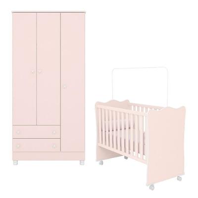 Jogo De Quarto Infantil Doce Sonho Guarda Roupa 3 Portas E Berço Rosa Acetinado Com Rodízio - Qmovi Rosa Acetinado