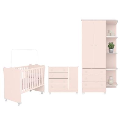 Dormitório Infantil Doce Sonho 2 Portas, Cômoda 1 Porta E Berço Rosa Acetinado Com Rodízio - Qmovi Rosa Acetinado