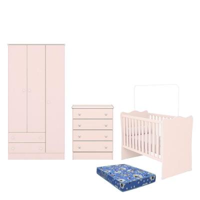 Dormitório Infantil Doce Sonho 3 Portas, Cômoda 4 Gavetas E Berço Rosa Acetinado Com Colchão - Qmovi Rosa Acetinado