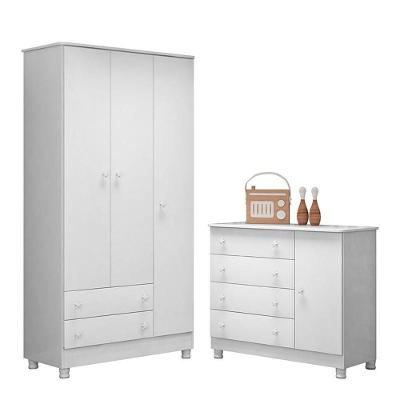 Jogo De Quarto Doce Sonho Guarda Roupa 3 Portas E Cômoda 1 Porta Branco Com Pés - Qmovi Branco