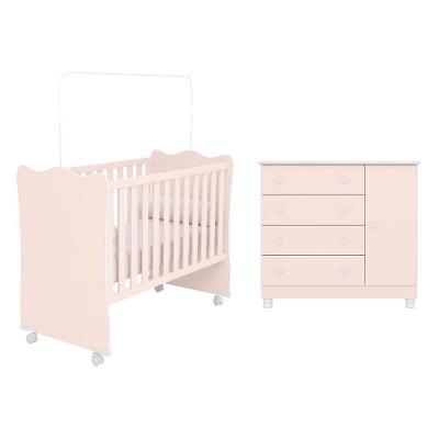 Jogo De Quarto Infantil Doce Sonho Cômoda 1 Porta E Berço Rosa Acetinado Com Rodízio - Qmovi Rosa Acetinado