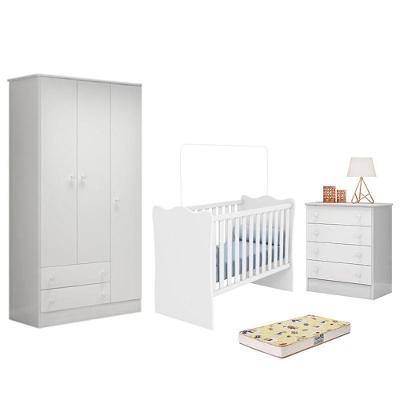 Dormitório Infantil Doce Sonho 3 Portas, Cômoda 4 Gavetas, Berço Branco E Colchão - Qmovi Branco