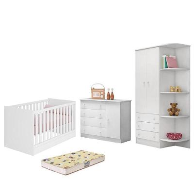 Dormitório Infantil Doce Sonho 2 Portas, Cômoda 1 Porta, Berço Mini Cama Branco E Colchão - Qmovi Branco