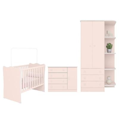 Dormitório Infantil Doce Sonho 2 Portas, Cômoda 1 Porta E Berço Rosa Acetinado - Qmovi Rosa Acetinado