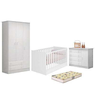 Dormitório Infantil Doce Sonho 3 Portas, Cômoda 1 Porta, Berço Mini Cama Branco E Colchão - Qmovi Branco