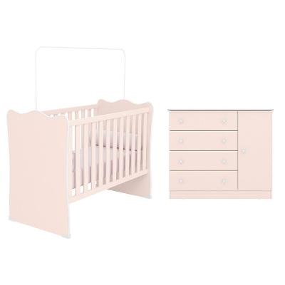 Jogo De Quarto Infantil Doce Sonho Com Cômoda 1 Porta E Berço Rosa Acetinado - Qmovi Rosa Acetinado