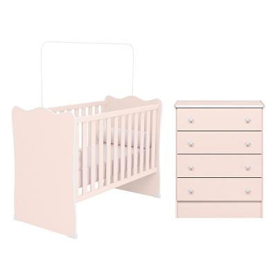 Jogo De Quarto Infantil Doce Sonho Com Cômoda 4 Gavetas E Berço Rosa Acetinado - Qmovi Rosa Acetinado