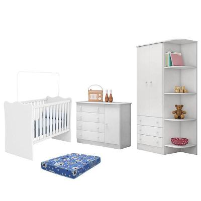 Dormitório Infantil Doce Sonho 2 Portas, Cômoda 1 Porta E Berço Branco Com Colchão - Qmovi Branco