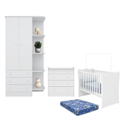 Dormitório Doce Sonho Guarda Roupa, Cômoda Trocador E Berço Branco Com Colchão Baby Physical - Qmovi Branco