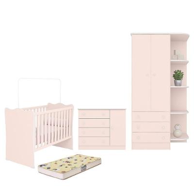 Dormitório Infantil Doce Sonho 2 Portas, Cômoda 1 Porta, Berço Rosa Acetinado E Colchão - Qmovi Rosa Acetinado