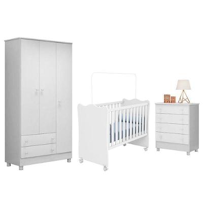 Dormitório Infantil Doce Sonho 3 Portas, Cômoda 4 Gavetas E Berço Branco Com Rodízio - Qmovi Branco