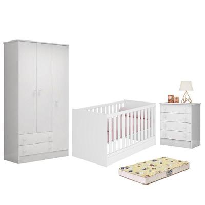 Dormitório Doce Sonho 3 Portas, Cômoda 4 Gavetas, Berço Mini Cama Branco E Colchão - Qmovi Branco