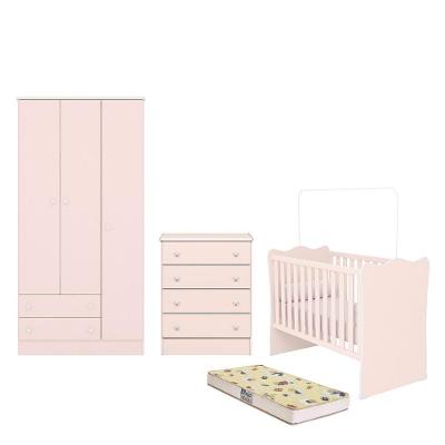 Dormitório Infantil Doce Sonho 3 Portas, Cômoda 4 Gavetas, Berço Rosa Acetinado E Colchão - Qmovi Rosa Acetinado