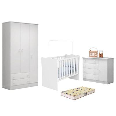 Dormitório Infantil Doce Sonho 3 Portas, Cômoda 1 Porta, Berço Branco E Colchão - Qmovi Branco
