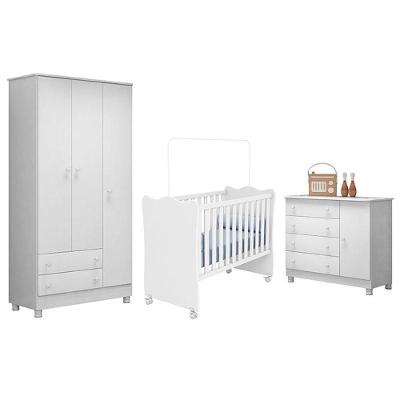 Dormitório Infantil Doce Sonho 3 Portas, Cômoda 1 Porta E Berço Branco Com Rodízio - Qmovi Branco