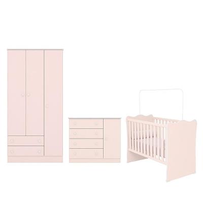 Dormitório Infantil Doce Sonho 3 Portas, Cômoda 1 Porta E Berço Rosa Acetinado - Qmovi Rosa Acetinado