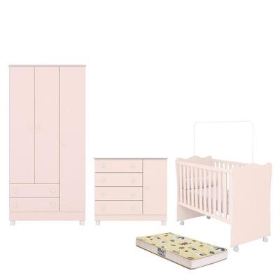 Dormitório Doce Sonho 3 Portas, Cômoda 1 Porta, Berço Rosa Acetinado Com Rodízio E Colchão D18 - Qmovi Rosa Acetinado