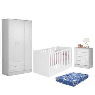 Dormitório Doce Sonho 3 Portas, Cômoda 4 Gavetas E Berço Mini Cama Branco Com Colchão - Qmovi Branco