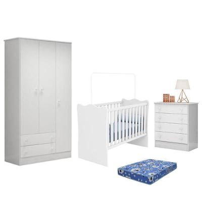 Dormitório Infantil Doce Sonho 3 Portas, Cômoda 4 Gavetas E Berço Branco Com Colchão - Qmovi Branco