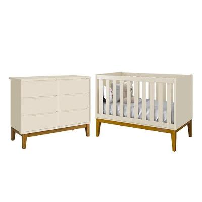 Jogo De Quarto Infantil Classic Cômoda 6 Gavetas E Berço Areia Fosco Com Pés Amadeirado - Reller Móveis Areia Fosco