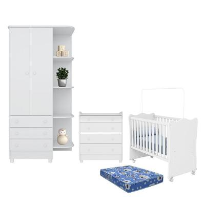 Dormitório Doce Sonho Guarda Roupa, Cômoda Trocador, Berço Branco Com Rodízio E Colchão Baby Physical - Qmovi Branco
