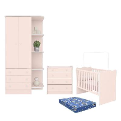 Dormitório Doce Sonho Guarda Roupa, Cômoda Trocador E Berço Rosa Acetinado Com Colchão Baby Physical - Qmovi Rosa Acetinado