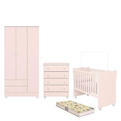 Dormitório Doce Sonho 3 Portas, Cômoda 4 Gavetas, Berço Rosa Acetinado Com Rodízio E Colchão D18 - Qmovi Rosa Acetinado