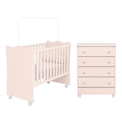 Jogo De Quarto Infantil Doce Sonho Cômoda 4 Gavetas E Berço Rosa Acetinado Com Rodízio - Qmovi Rosa Acetinado