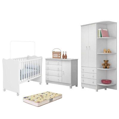 Dormitório Doce Sonho 2 Portas, Cômoda 1 Porta, Berço Branco Com Rodízio E Colchão D18 - Qmovi Branco