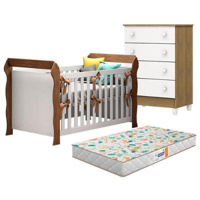 Berço Americano Lara E Cômoda Gaveteiro Mel Flat Branco Acetinado Amadeirado Com Colchão Gazin – Carolina