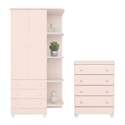 Jogo De Quarto Doce Sonho Guarda Roupa 2 Portas E Cômoda 4 Gavetas Rosa Acetinado Com Pés - Qmovi Rosa Acetinado