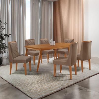 Mesa De Jantar Copper 180cm Tampo Com 6 Cadeiras Moderna Veludo Capuccino/naturalle/naturalle