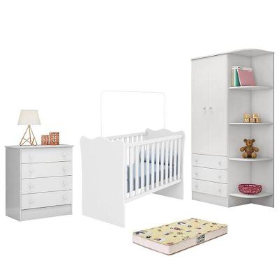 Dormitório Infantil Doce Sonho 2 Portas, Cômoda 4 Gavetas, Berço E Colchão Branco - Qmovi Branco