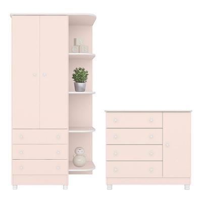 Jogo De Quarto Doce Sonho Guarda Roupa 2 Portas E Cômoda 1 Porta Rosa Acetinado Com Pés - Qmovi Rosa Acetinado