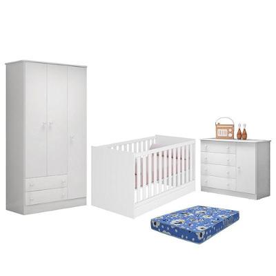 Dormitório Doce Sonho 3 Portas, Cômoda 1 Porta E Berço Mini Cama Branco Com Colchão - Qmovi Branco