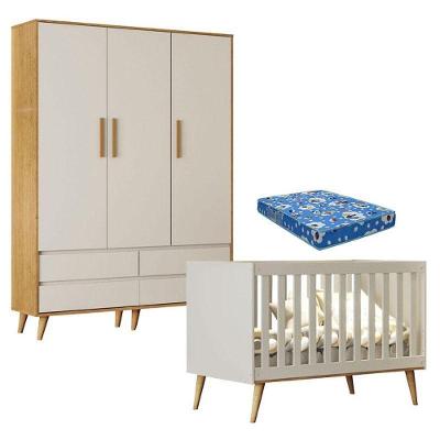 Berço Americano Ludmila E Guarda Roupa Infantil Lorena 3 Portas Off White Bétula Com Colchão Ortobom - Carolina Baby