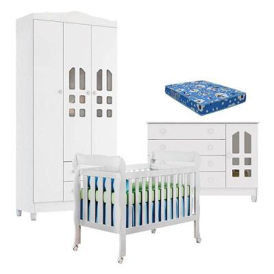 Quarto De Bebê New Selena 3 Portas Com Berço Lila E Cômoda Gran Selena Branco Brilho E Colchão Ortobom – Carolina Móveis