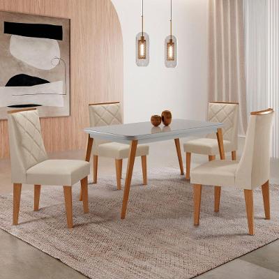 Mesa De Jantar Copper 120cm Mdf Vidro Com 4 Cadeiras Moderna Veludo Creme /off /naturale /serig Off