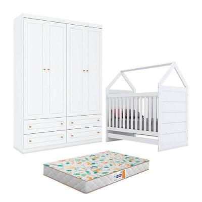 Berço Montessoriano Americano E Guarda Roupa Infantil Mississipi 4 Portas Branco Com Colchão Gazin - Henn