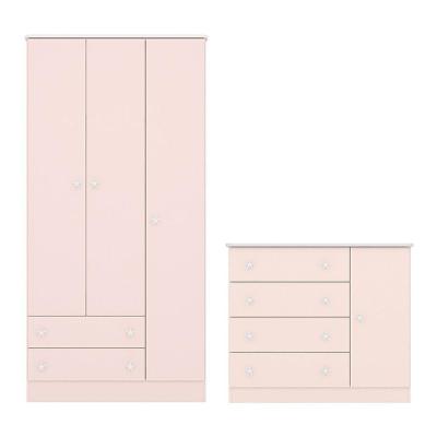 Jogo De Quarto Infantil Doce Sonho Guarda Roupa 3 Portas E Cômoda 1 Porta Rosa Acetinado - Qmovi Rosa Acetinado