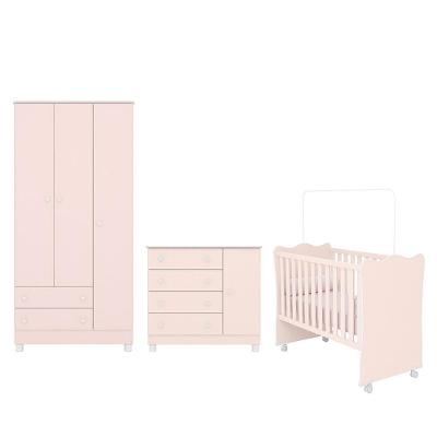 Dormitório Infantil Doce Sonho 3 Portas, Cômoda 1 Porta E Berço Rosa Acetinado Com Rodízio - Qmovi Rosa Acetinado