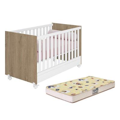 Berço Mini Cama Doce Sonho Carvalho/branco Com Rodízios E Colchão Supreme - Qmovi Carvalho/branco