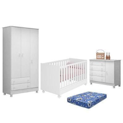 Dormitório Doce Sonho 3 Portas, Cômoda 1 Porta, Berço Mini Cama Branco Com Rodízio E Colchão - Qmovi Branco