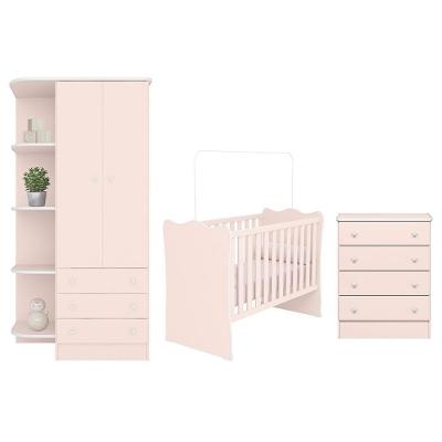 Dormitório Infantil Doce Sonho 2 Portas, Cômoda 4 Gavetas E Berço Rosa Acetinado - Qmovi Rosa Acetinado
