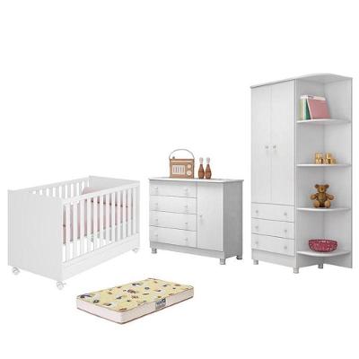 Dormitório Doce Sonho 2 Portas, Cômoda 1 Porta, Berço Mini Cama Branco Com Rodízio E Colchão D18 - Qmovi Branco
