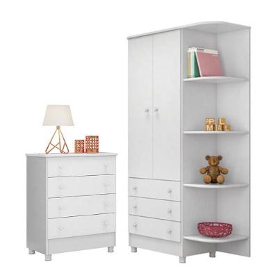 Jogo De Quarto Doce Sonho Guarda Roupa 2 Portas E Cômoda 4 Gavetas Branco Com Pés - Qmovi Branco