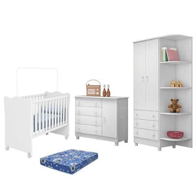 Dormitório Doce Sonho 2 Portas, Cômoda 1 Porta, Berço Branco Com Rodízio E Colchão - Qmovi Branco